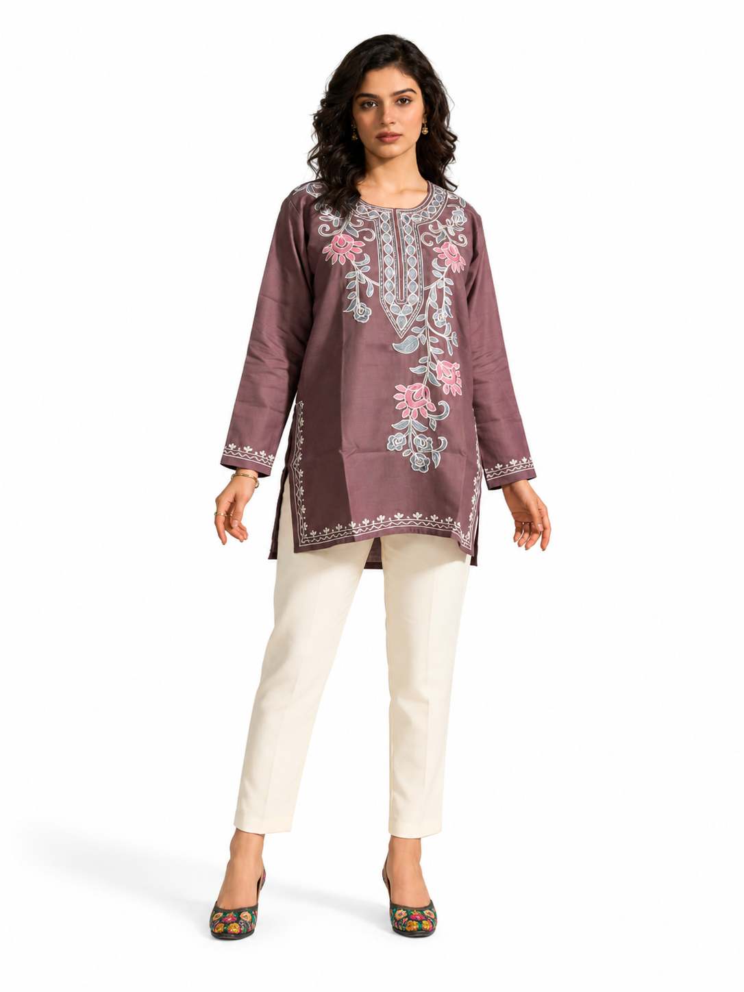 Noor : Aari embroidery summer kurti | Grayish-Brown